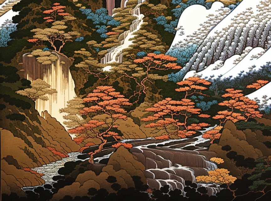 Japanese traditional art: Vibrant autumn trees, cascading waterfalls, snow-covered hills