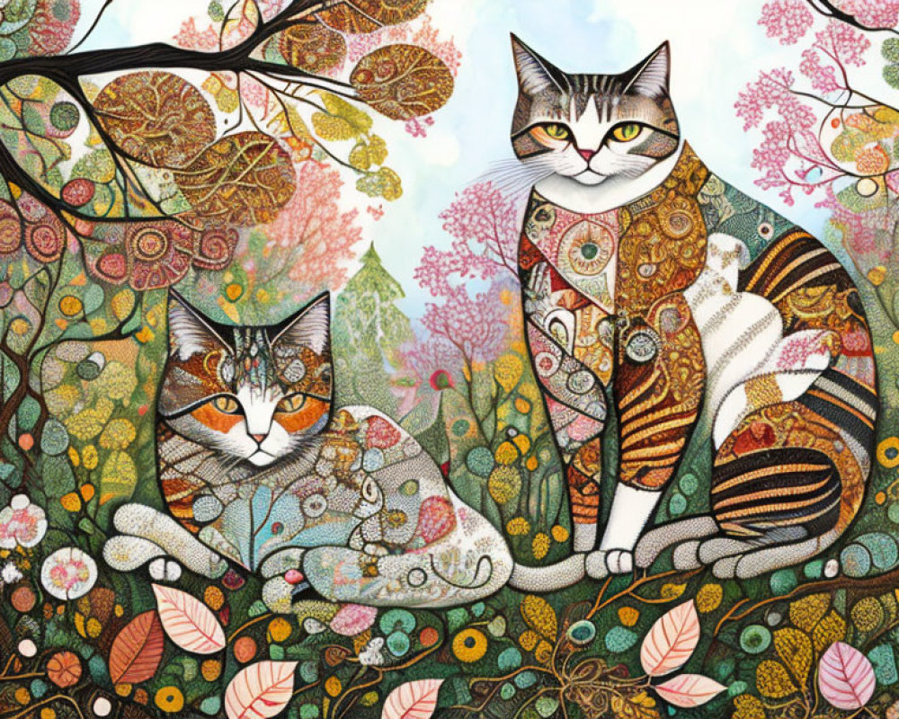 Stylized cats in intricate patterns in colorful forest landscape