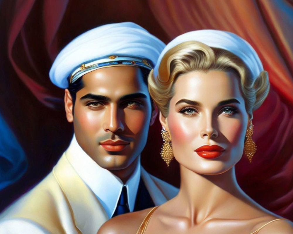 Stylized portrait of man in white naval uniform with woman in vintage attire
