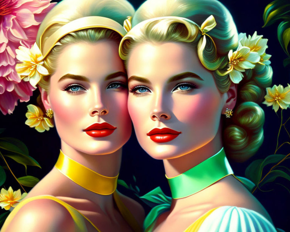 Identical women with blonde hair and red lipstick among pink flowers