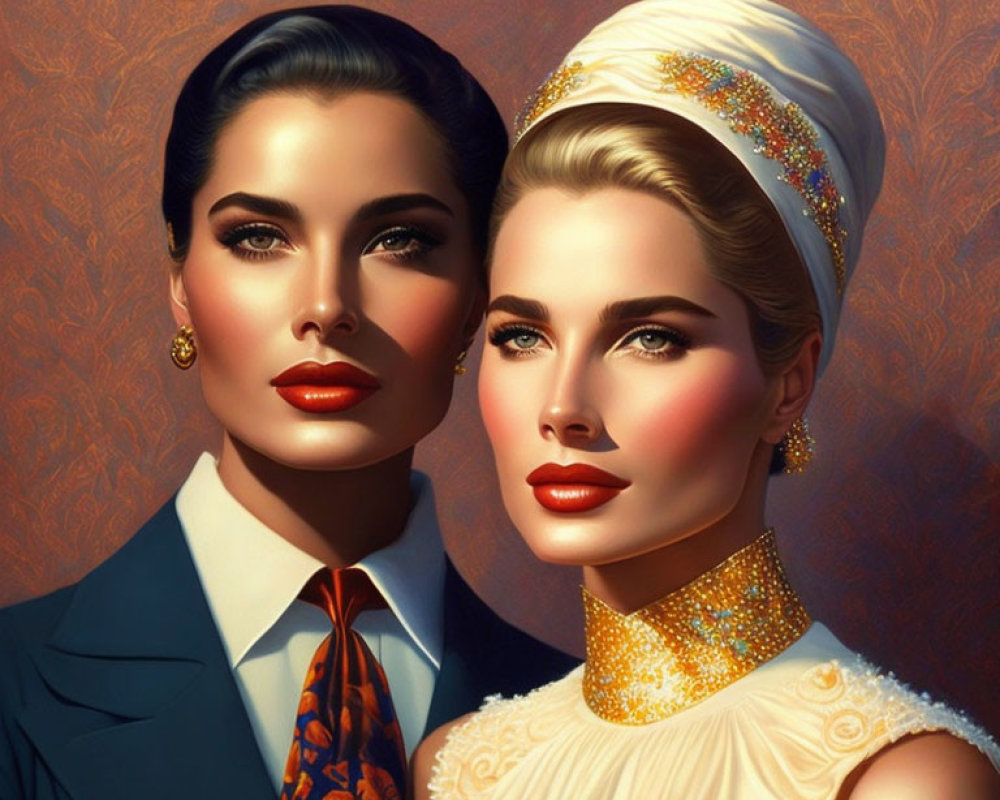 Stylized women in vintage navy suit and cream dress with headband