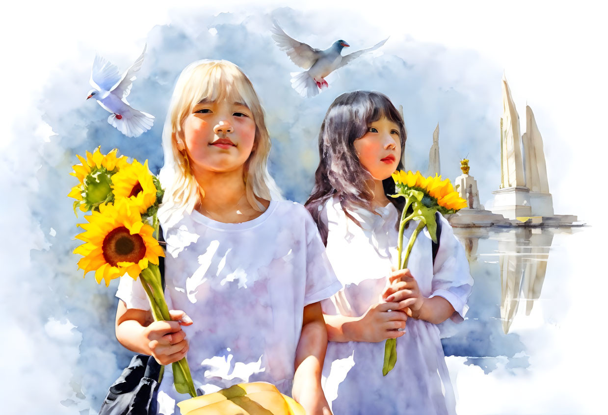 Two Girls with Sunflowers in Front of Watercolor Backdrop