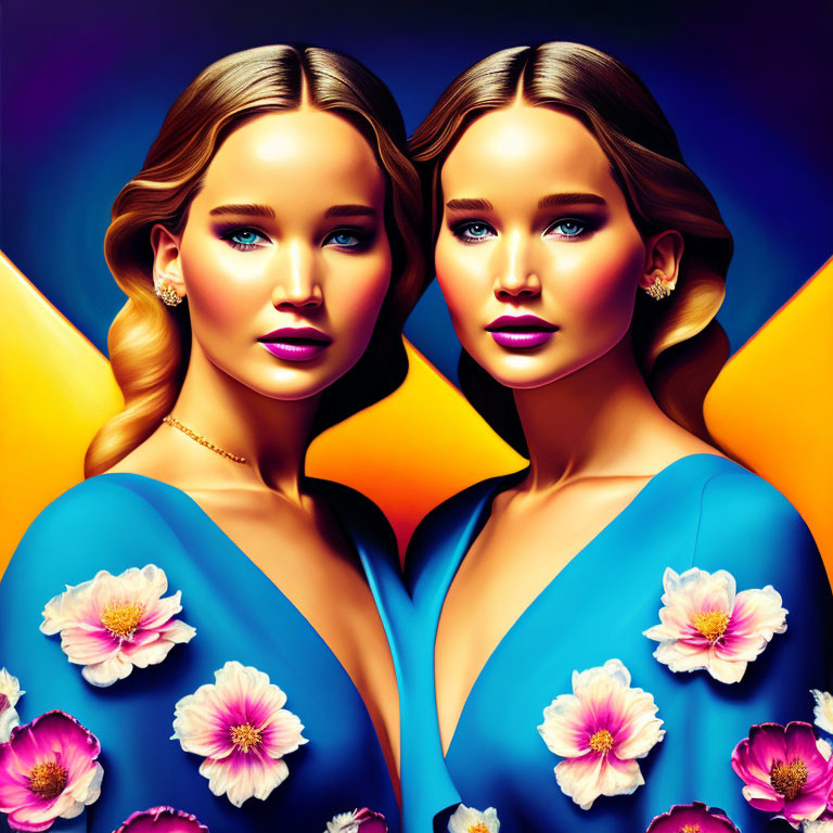 Symmetrical digital artwork: Twin women in blue dresses with floral patterns on vibrant yellow and blue backdrop