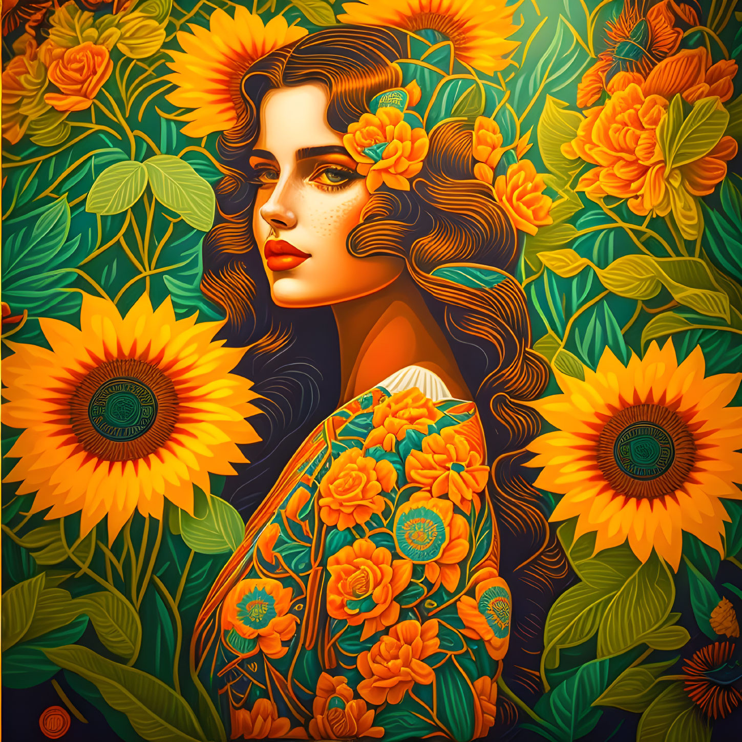 Lady and sunflowers / Shepard Fairey Style