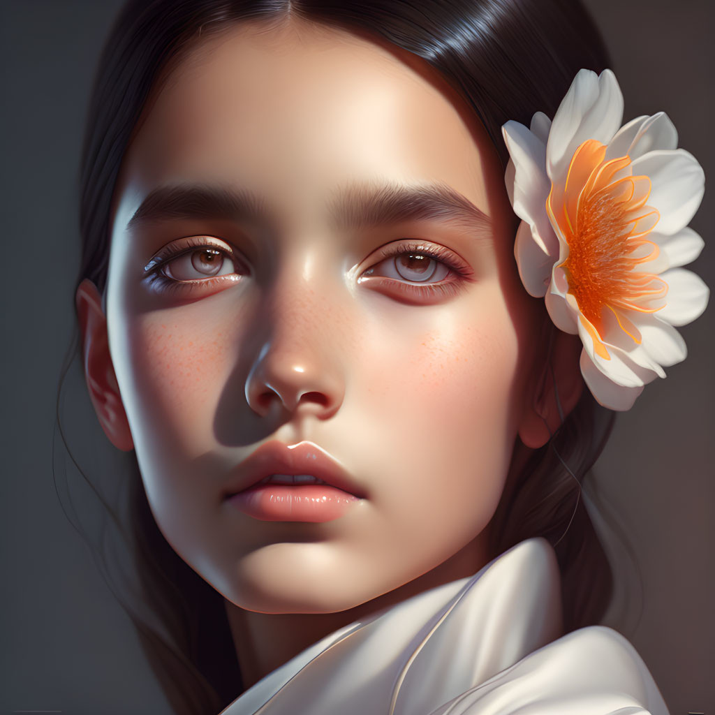 Detailed Digital Painting of Girl with White Flower in Hair