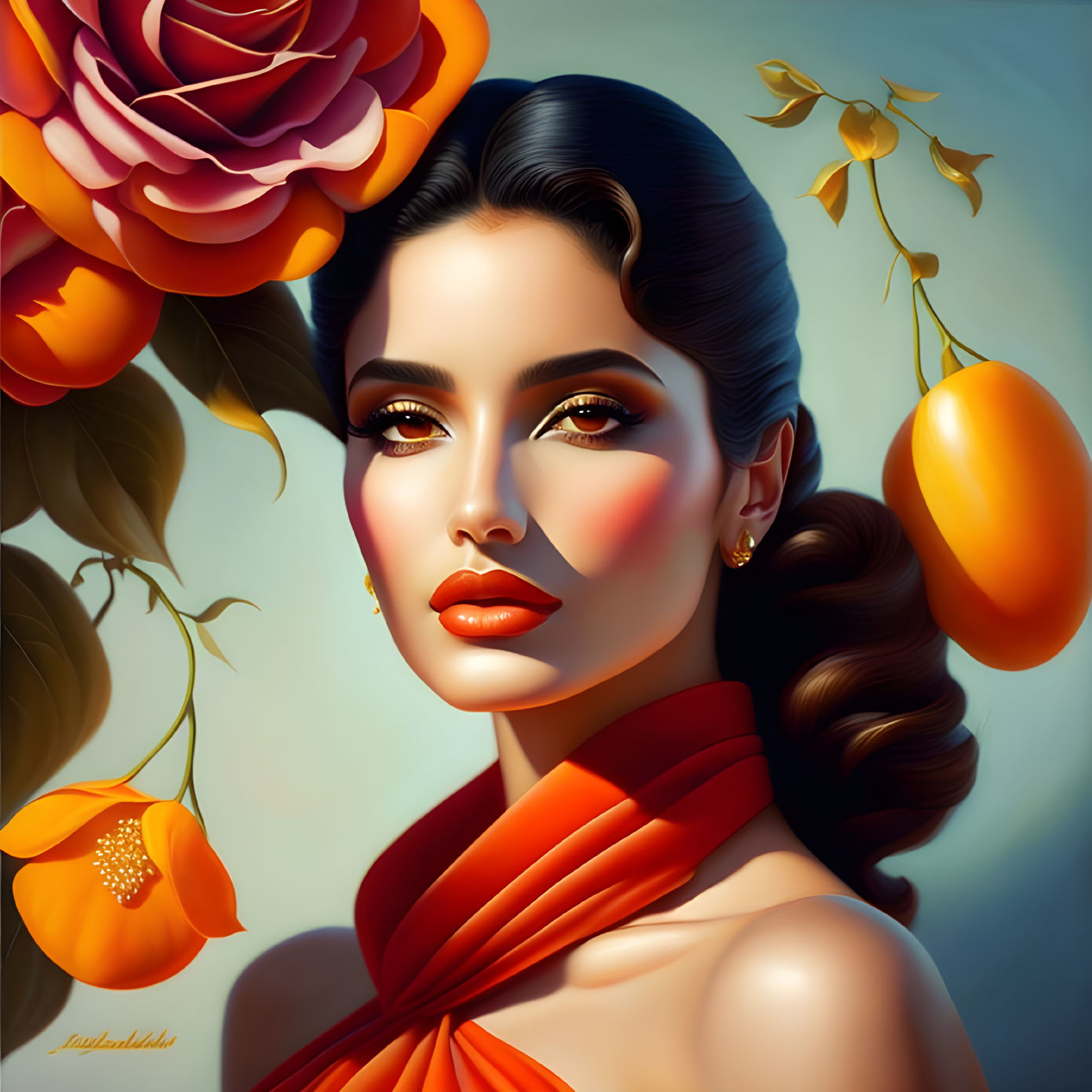 Illustrated portrait of a woman in red-orange attire with sleek hair, radiant makeup, surrounded by flowers