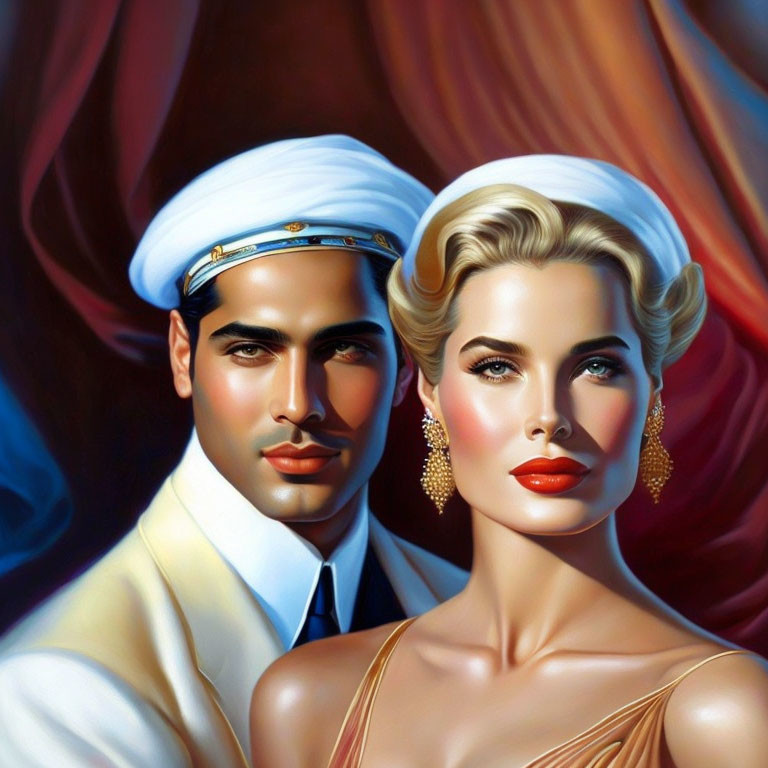 Stylized portrait of man in white naval uniform with woman in vintage attire