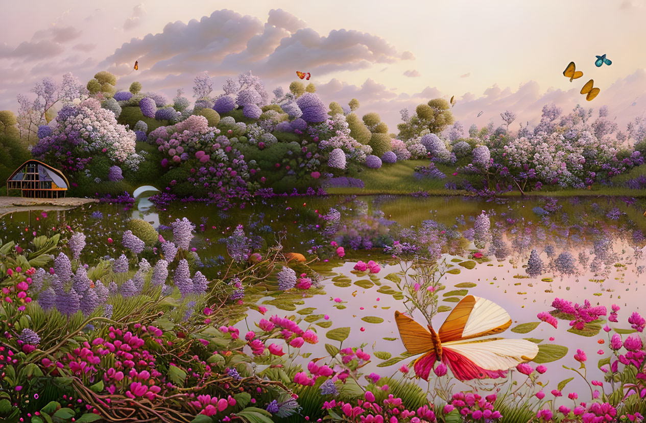 Tranquil landscape with flowers, pond, butterflies, and wooden hut at dusk