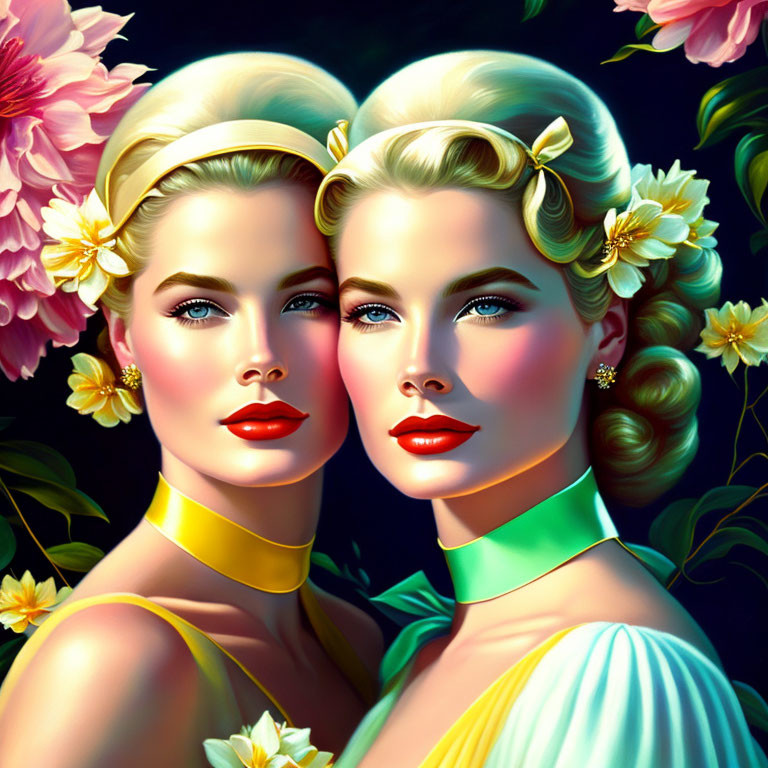 Identical women with blonde hair and red lipstick among pink flowers