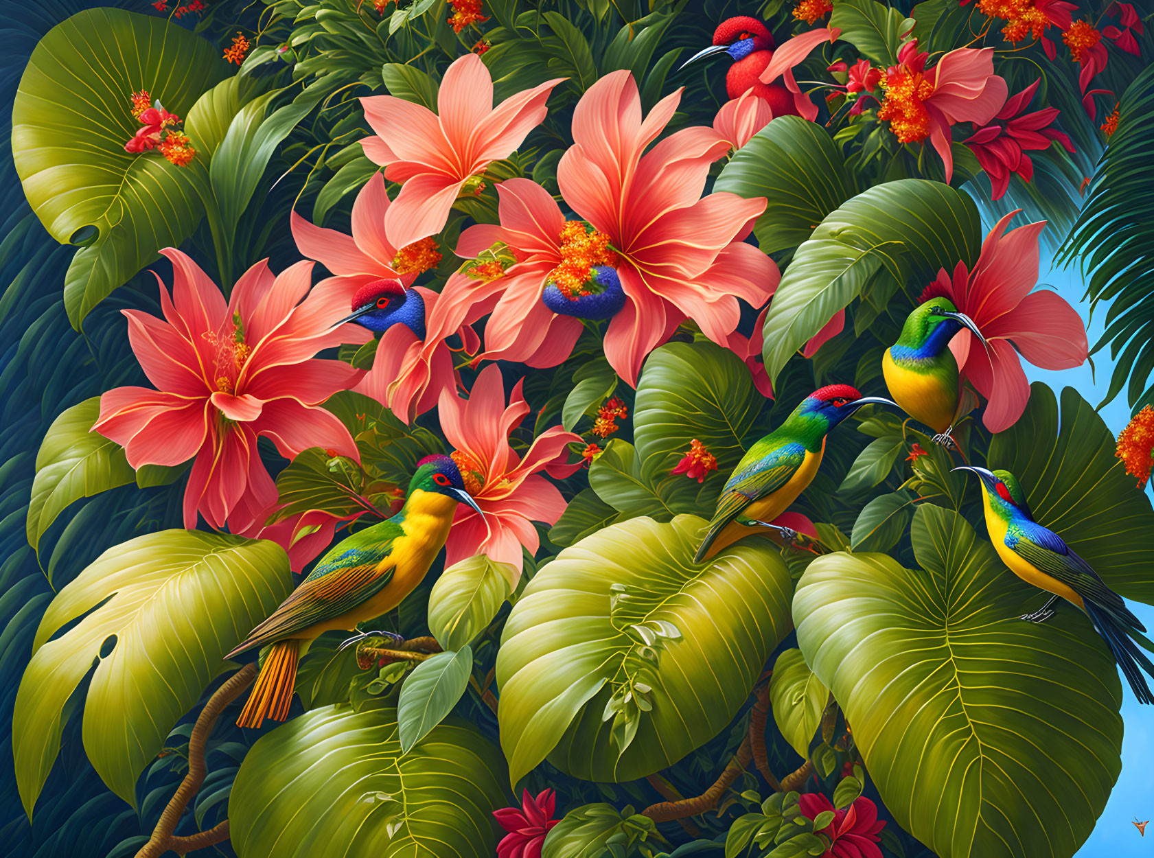 Colorful Birds in Lush Tropical Setting