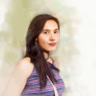 Young woman with long brown hair in purple top looks back against soft-focus background