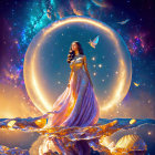 Majestic woman in golden dress on clouds with full moon, stars, butterflies, and glowing shell