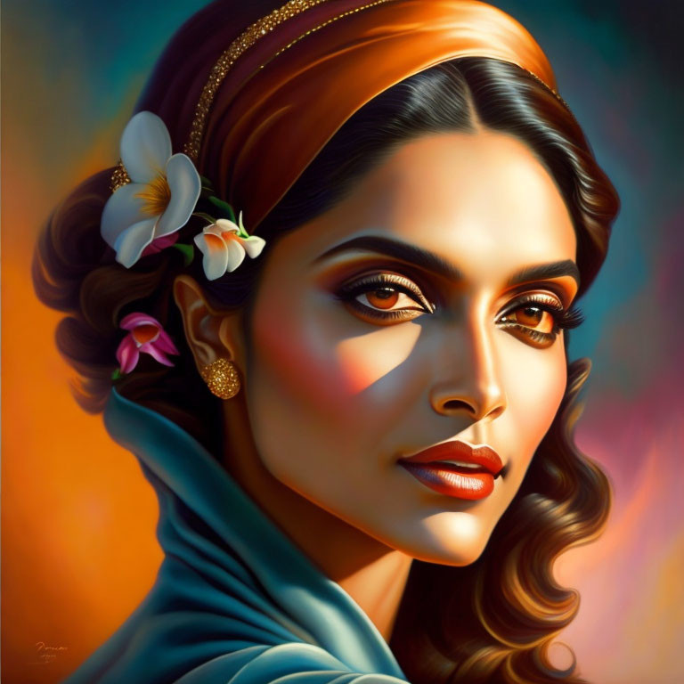 Vibrant portrait of a woman with headband and white flower in warm tones
