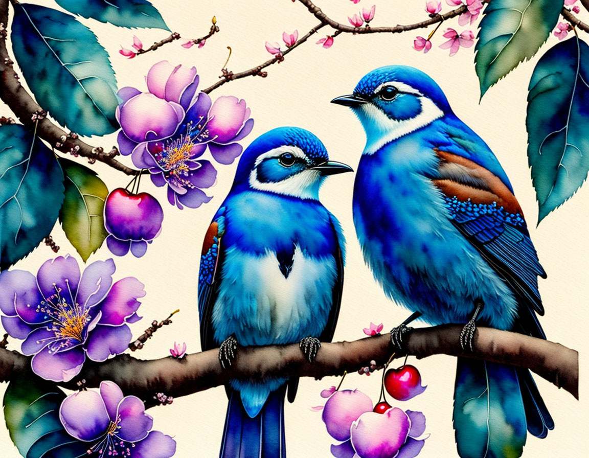 Colorful birds on branch with pink blossoms and cherries - White background