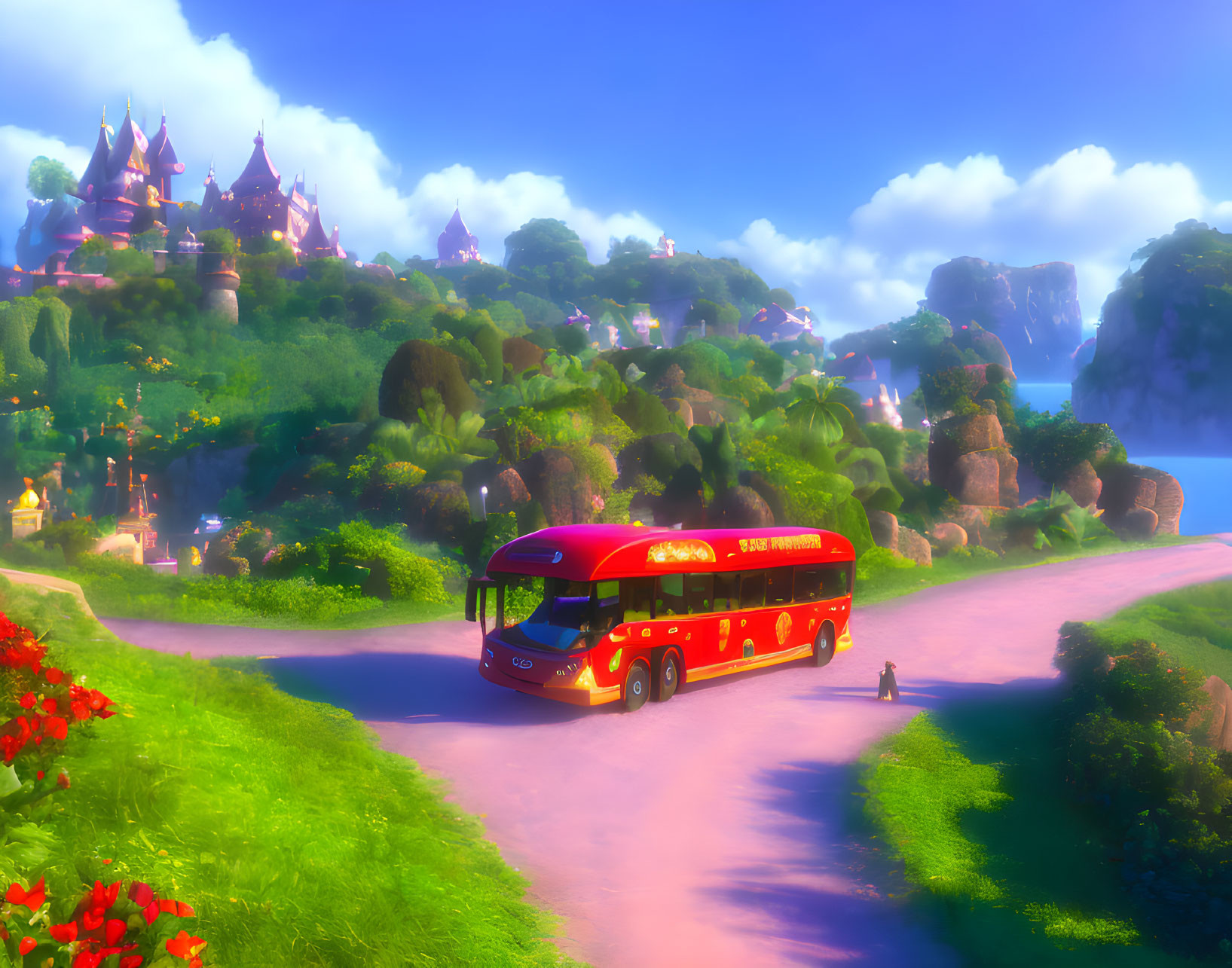 Colorful landscape with red bus, winding road, castle, and lush greenery