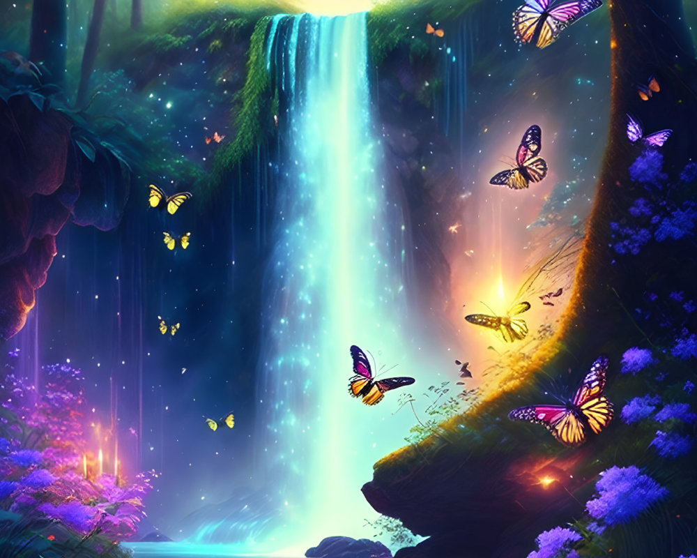 Fantasy Waterfall Scene with Glowing Butterflies and Lush Flora