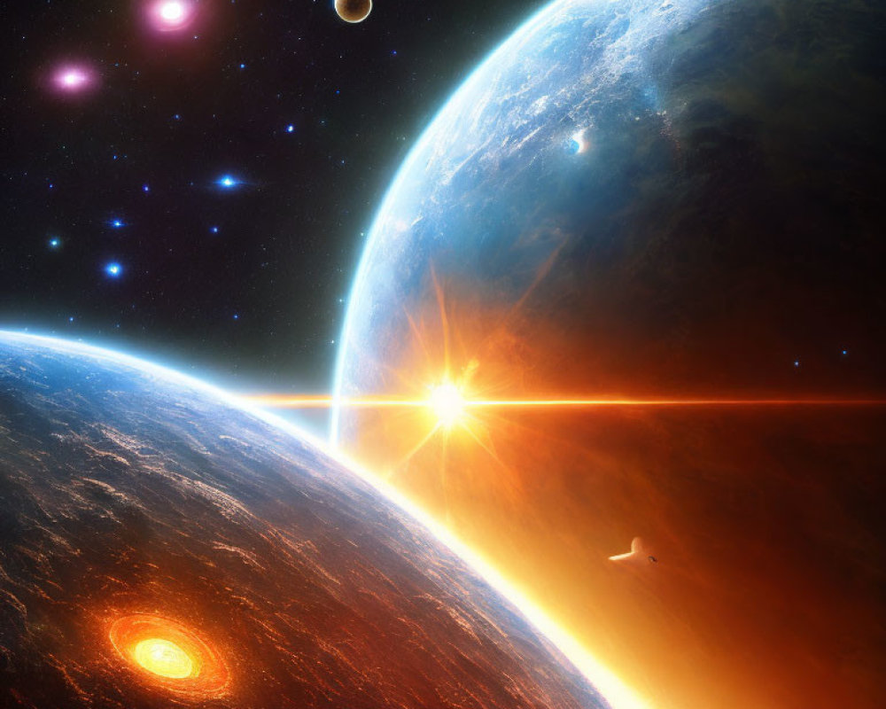 Vibrant space scene: two planets, radiant sun, stars, and nebula glow