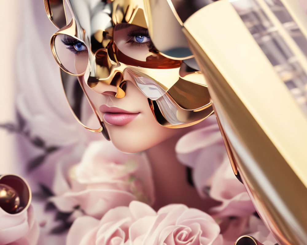 Stylized female figure with gold glasses and mask among pink roses