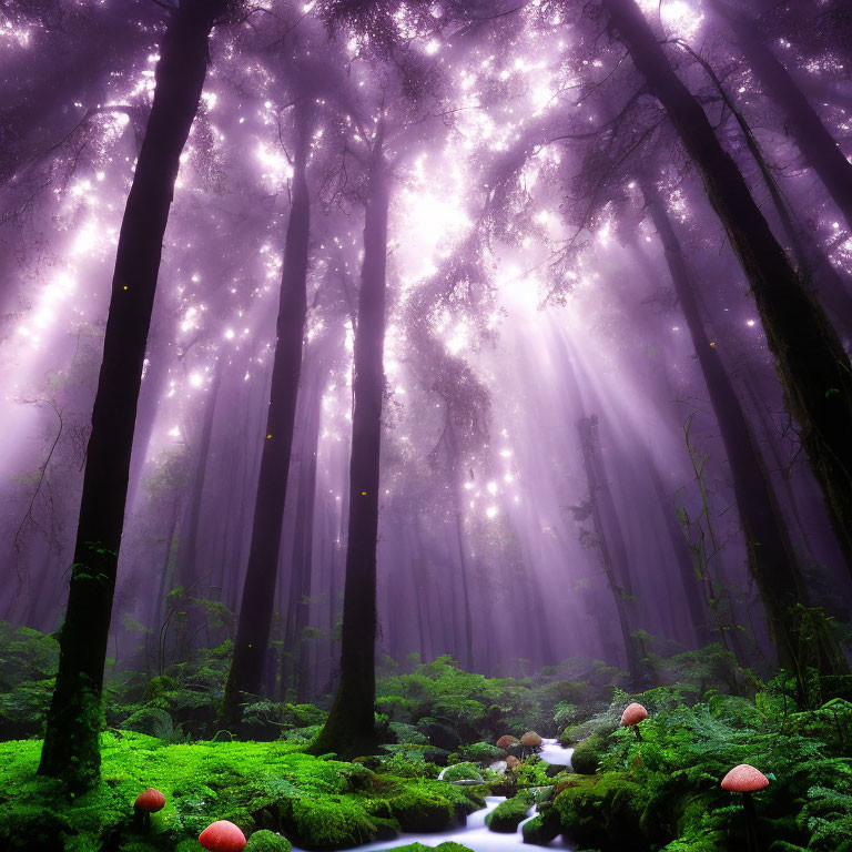 Enchanting forest scene with tall trees, sunbeams, lush greenery, and vibrant mushrooms