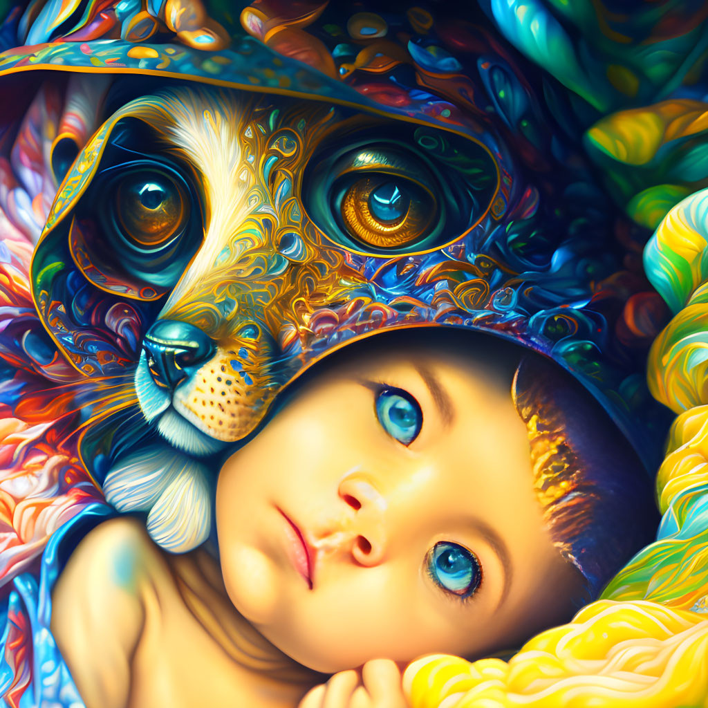 Colorful digital artwork: Child with blue eyes and adorned dog