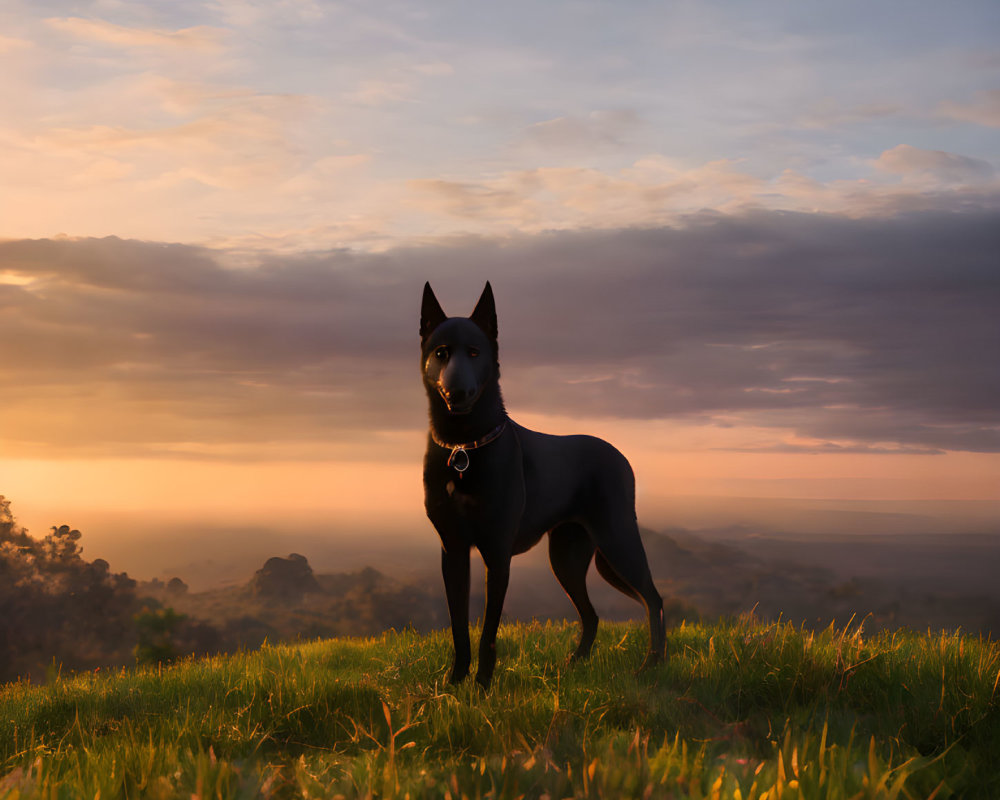 Black dog on grassy hill at sunset with warm sky and clouds