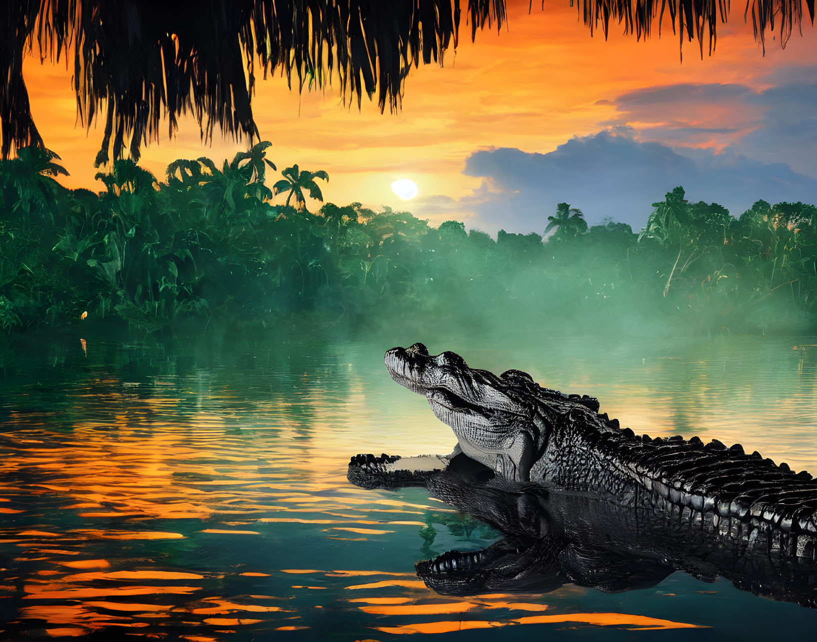 Crocodile emerging from river at sunset with lush jungle foliage.