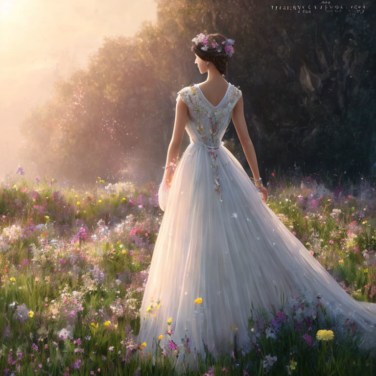 Woman in White Floral Gown Standing in Sunlit Flower Field