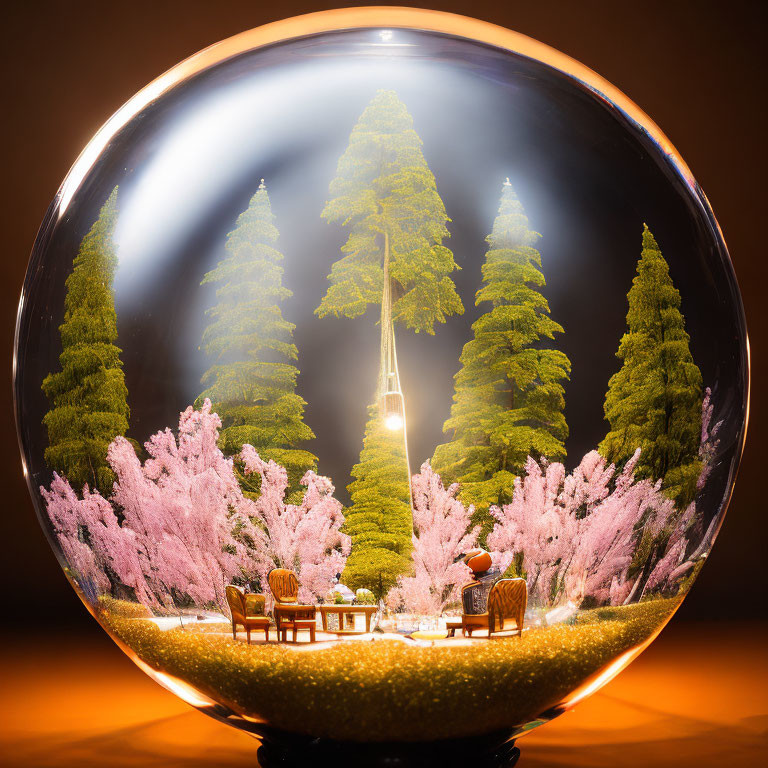 Crystal ball shows inverted image of tall trees and pink cherry blossoms with chairs under warm light