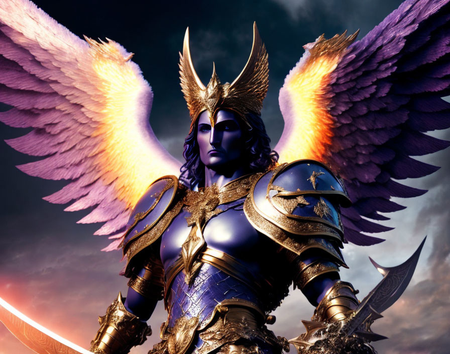 Blue-skinned winged warrior in golden armor with fiery wings