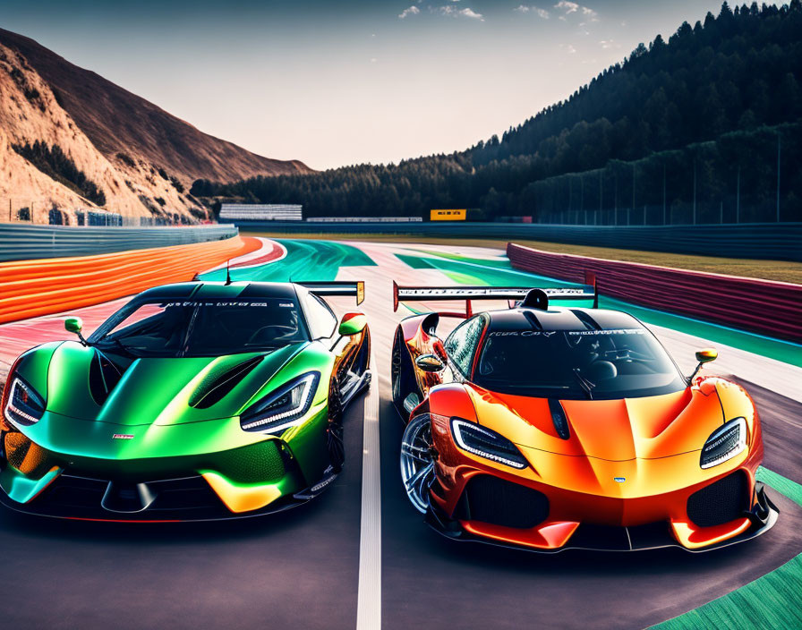 Two vibrant sports cars on race track with sleek designs & striking colors