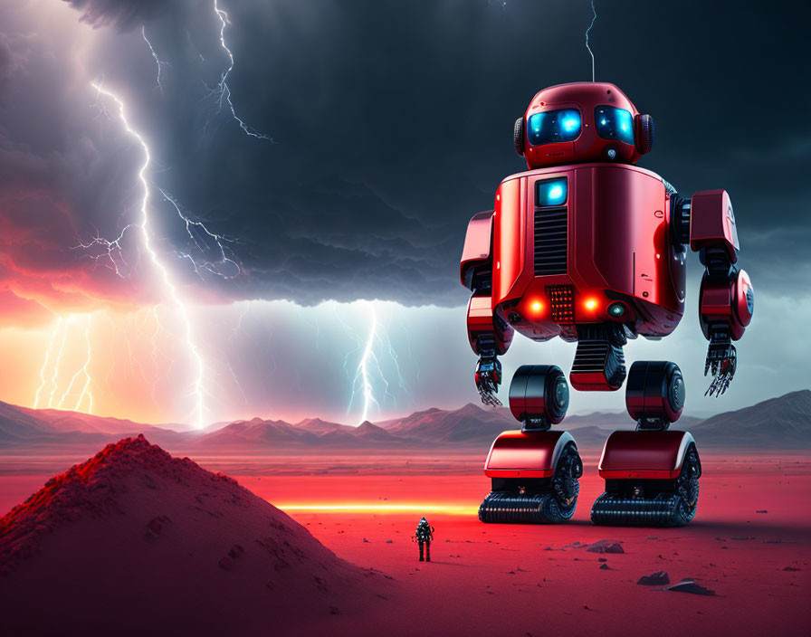 Giant robot on tank treads looms over small figure in red, lightning-struck landscape