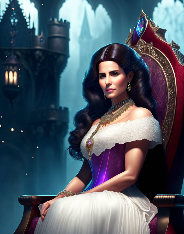 Dark-haired woman in regal purple gown on throne with mystical castle backdrop