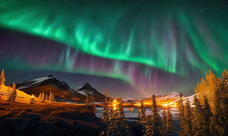 Northern Lights Illuminate Snowy Mountain Landscape at Night