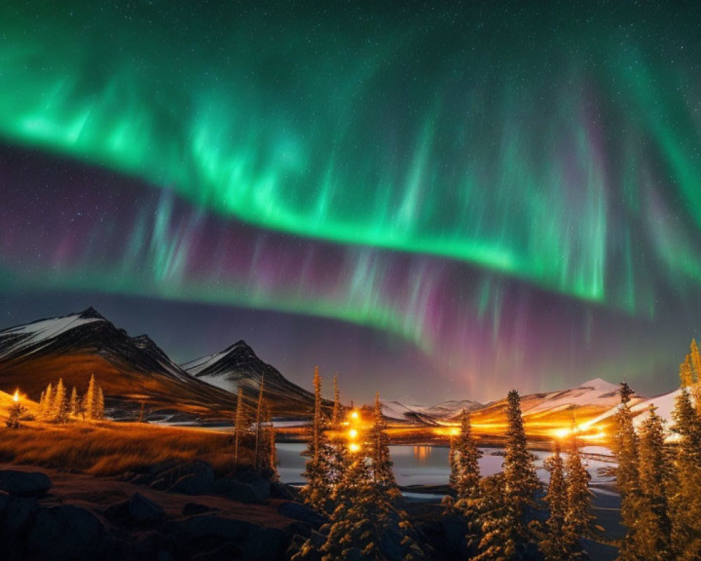 Northern Lights Illuminate Snowy Mountain Landscape at Night