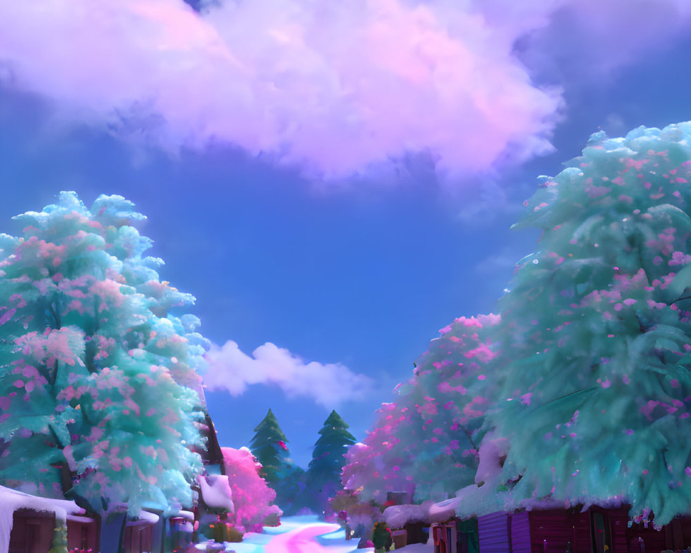 Colorful digital artwork of snowy village with pink snow, blue sky, fluffy clouds, colorful trees,