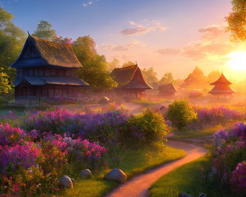 Traditional houses in blooming garden at sunrise with winding path