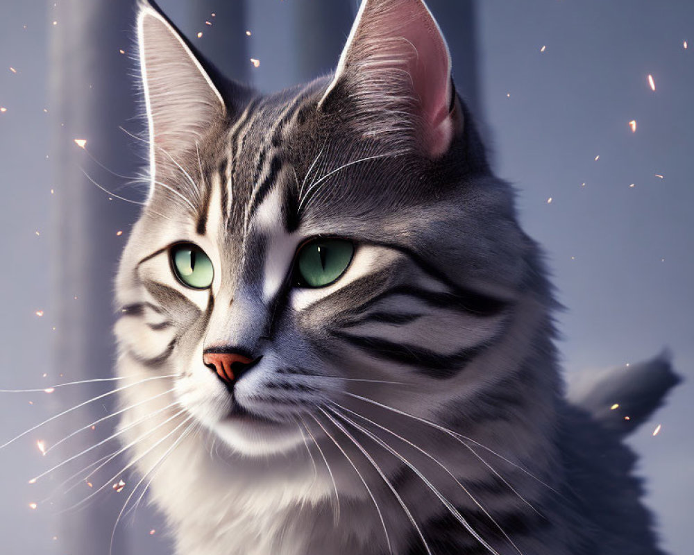 Realistic Grey Tabby Cat Illustration with Green Eyes in Shimmering Light