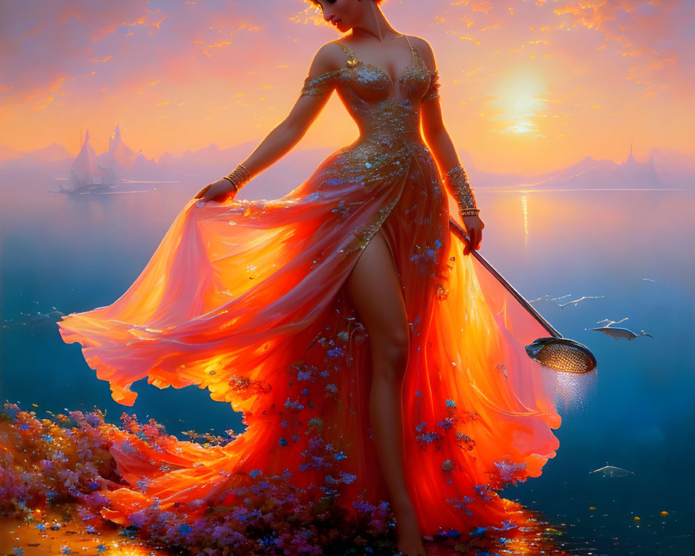 Woman in Orange Dress with Staff and Net by Calm Sea at Sunset