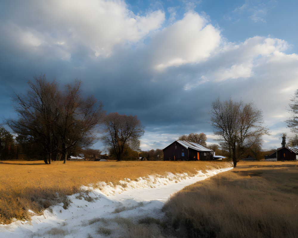 Golden field with snow patches, purple-roofed barn, leafless trees under dramatic sky