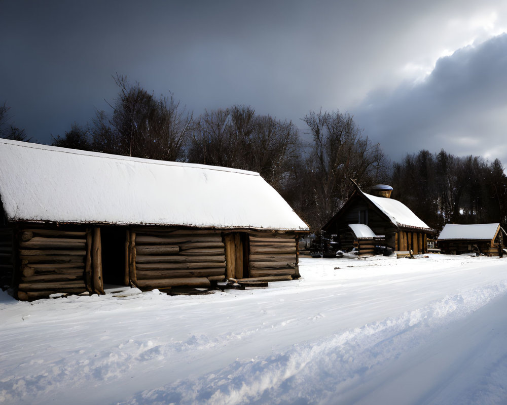 Traditional log cabins in snow under dramatic sky with sunlight breaking through clouds