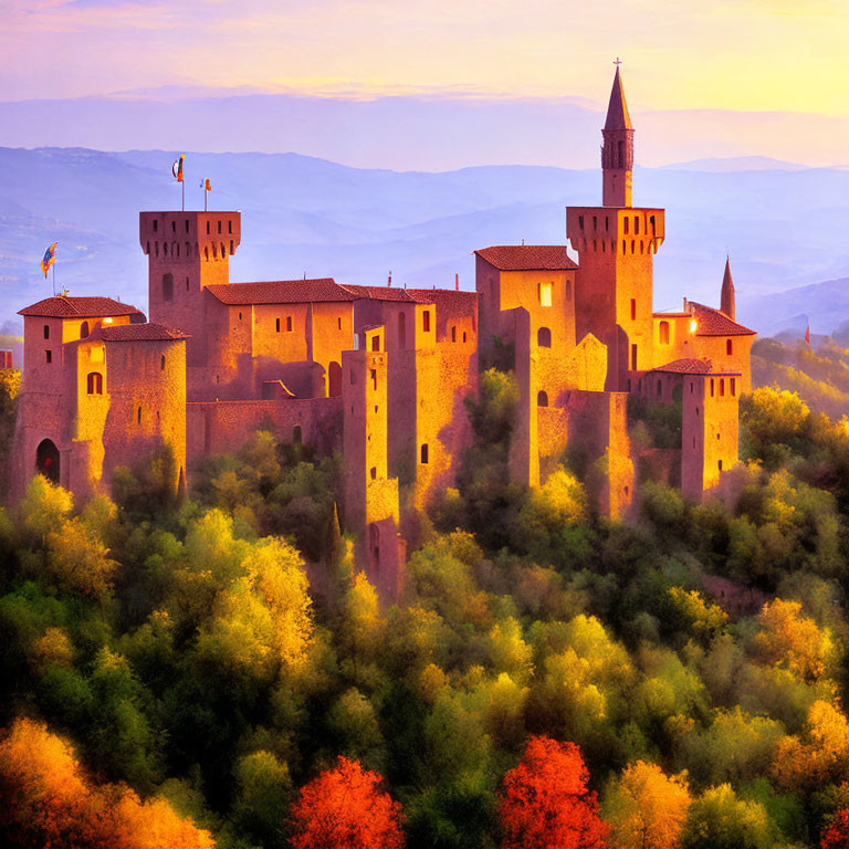 Medieval castle at sunset surrounded by autumn trees on hills