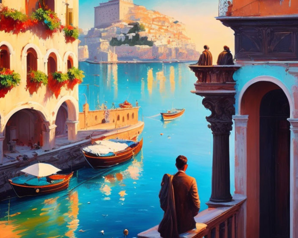 Businessman in suit views Mediterranean coastal scene with boats and colorful buildings at sunset
