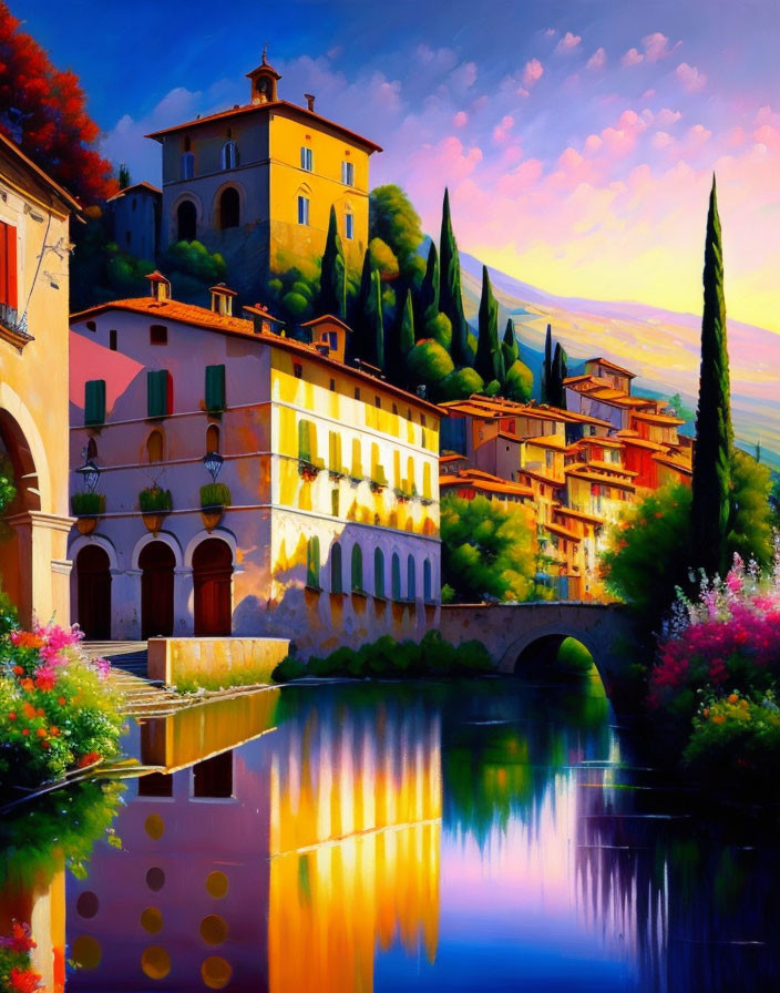 Vibrant painting of picturesque Italian village at sunset