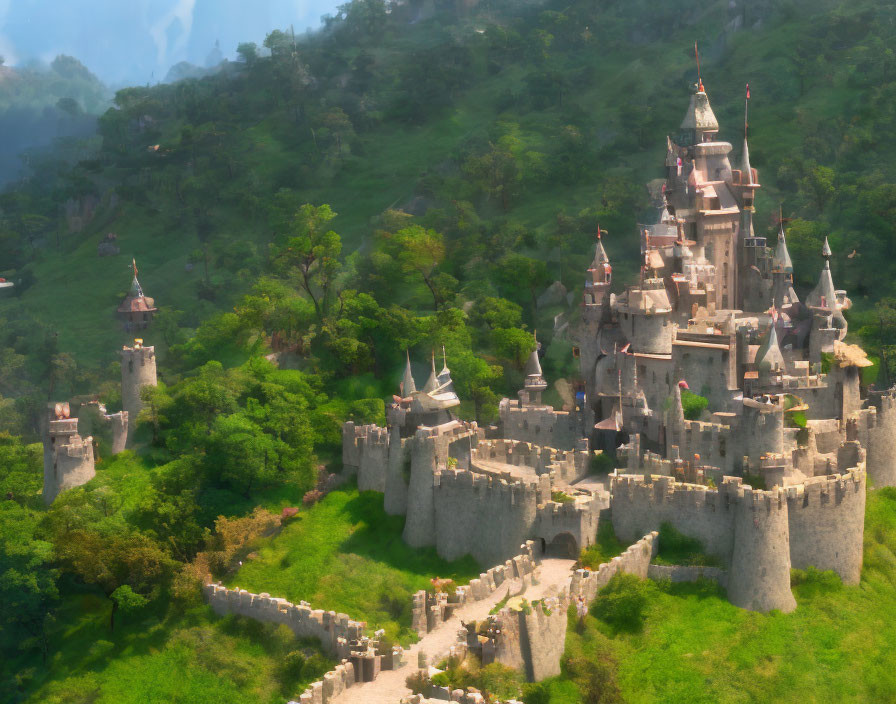 Majestic fairy-tale castle in lush green forest