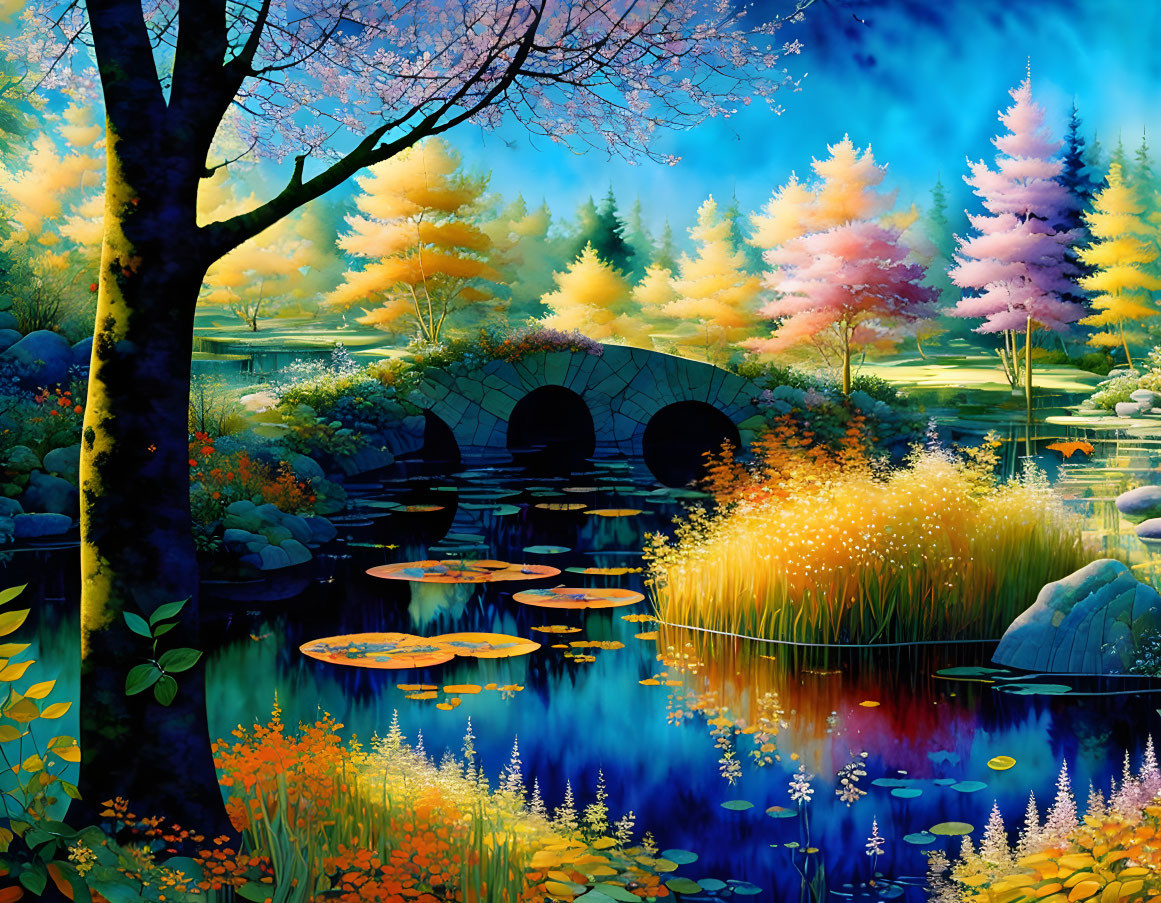 Colorful Forest, Stone Bridge, and Water Lilies in Fantasy Landscape