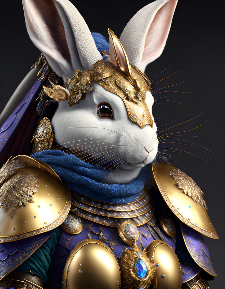 Regal rabbit in golden armor and blue cloak with intricate designs