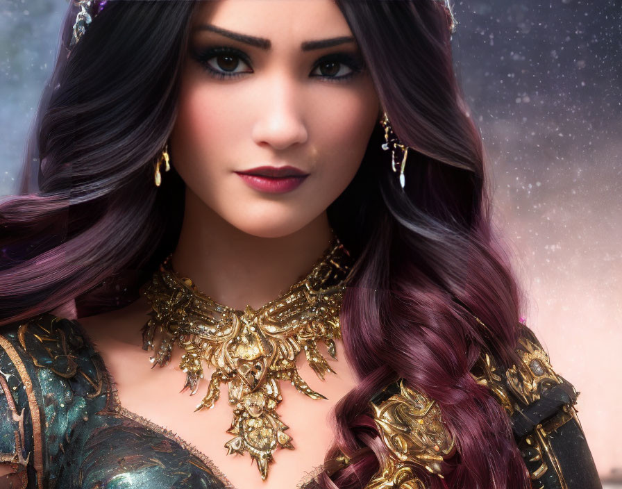 Dark-haired woman with striking makeup in digital portrait, wearing gold necklace and tiara against cosmic backdrop