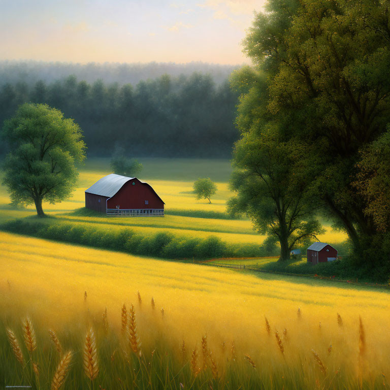 Tranquil Red Barn in Golden Fields with Green Trees