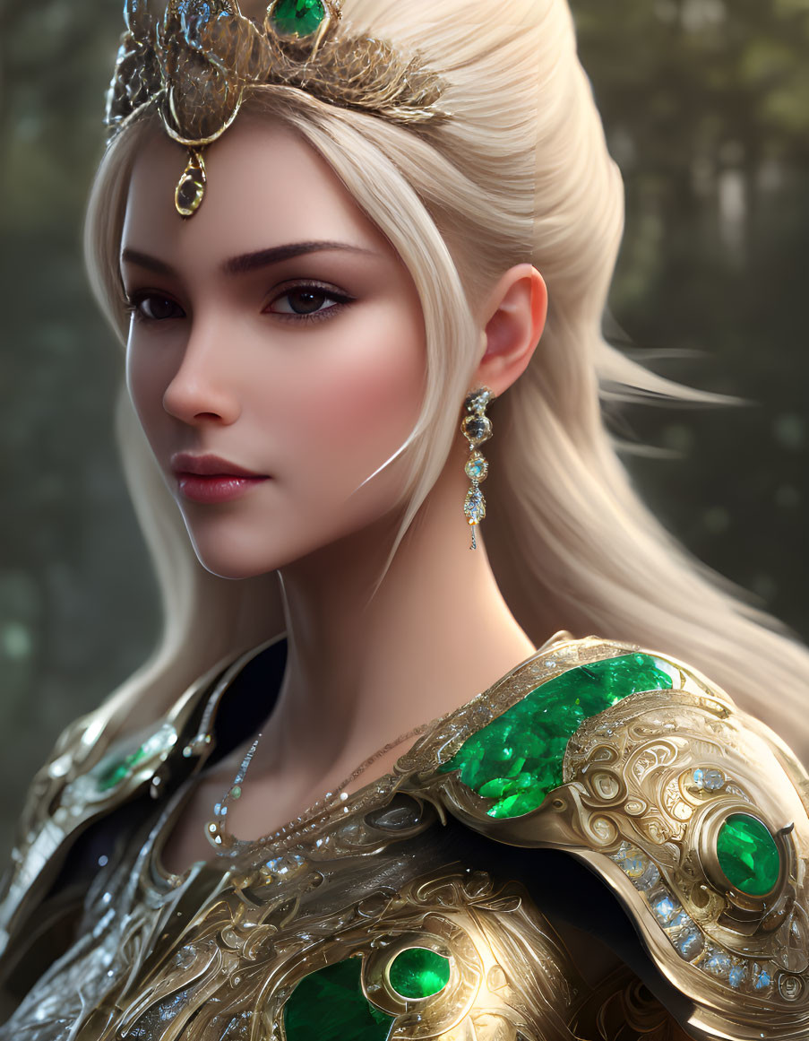 Regal woman in golden crown and green gemstone armor in forest setting
