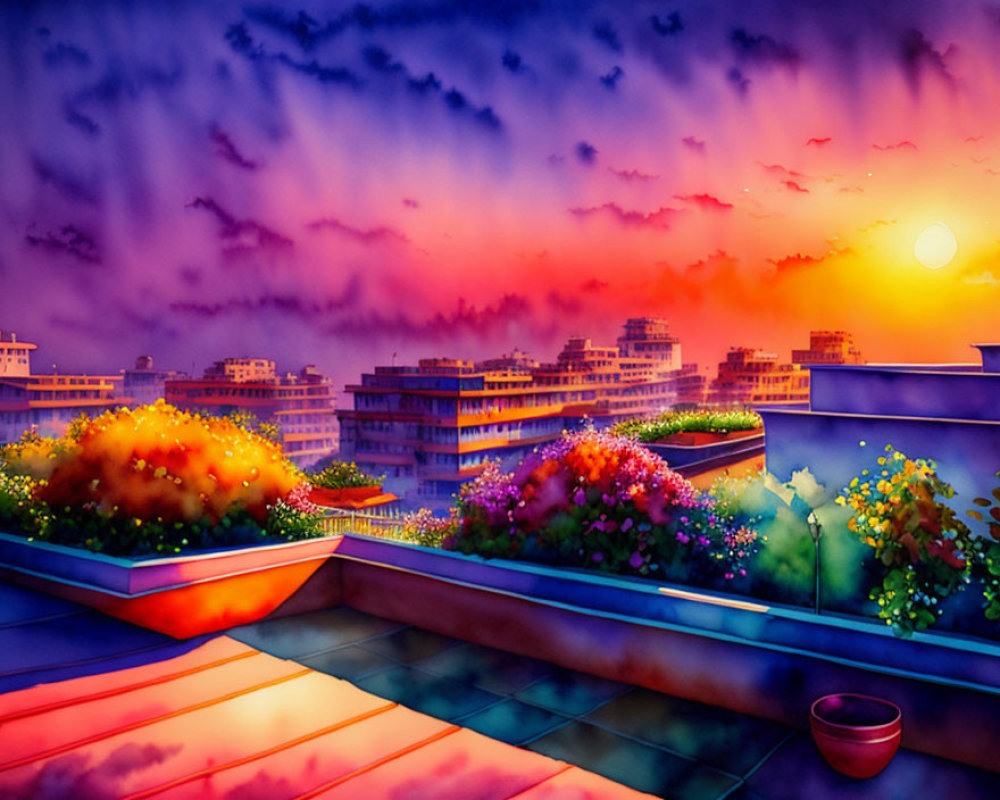 Colorful sunset cityscape from balcony with flowers & dramatic sky